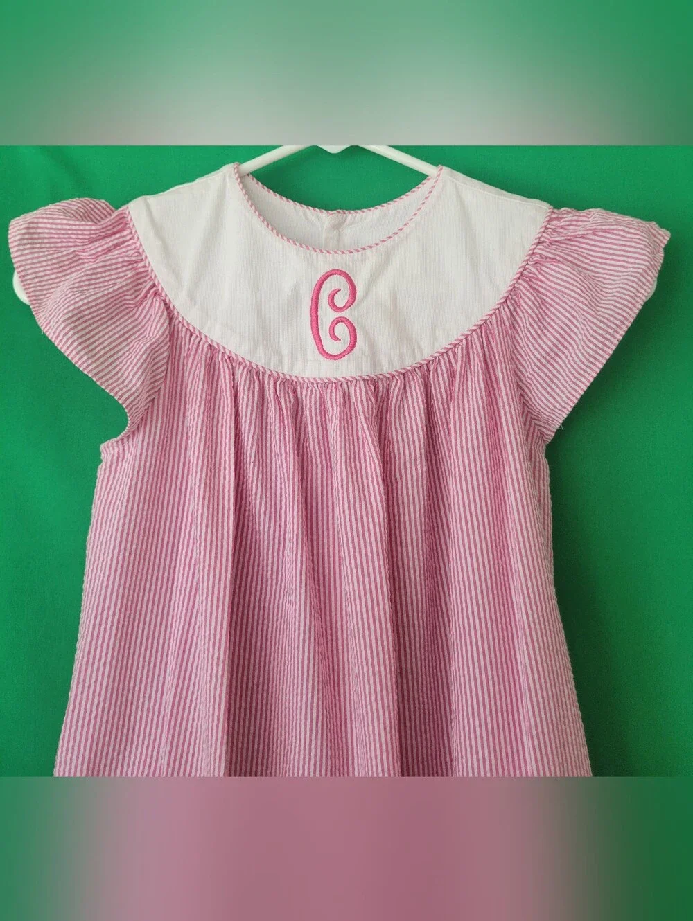 Girls Pink Seersucker Nightgown C Monogram Sz 7/8 Smocked Bishop Flutter Dress